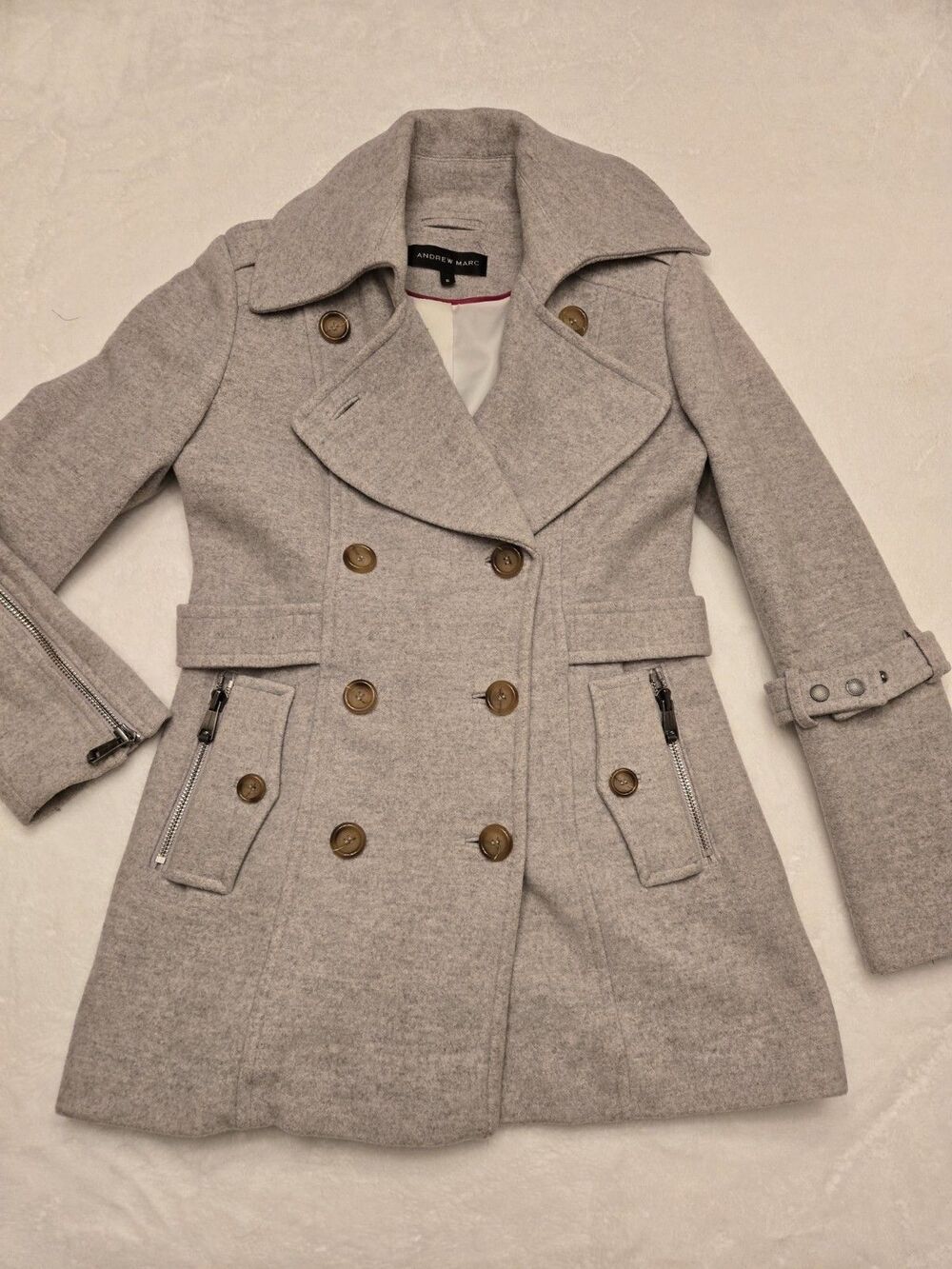 Andrew Marc New York Wool Gray Mid Length Pea Coat Women's Size 6 Pockets